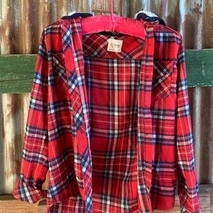 plaid button up coat with detachable hood